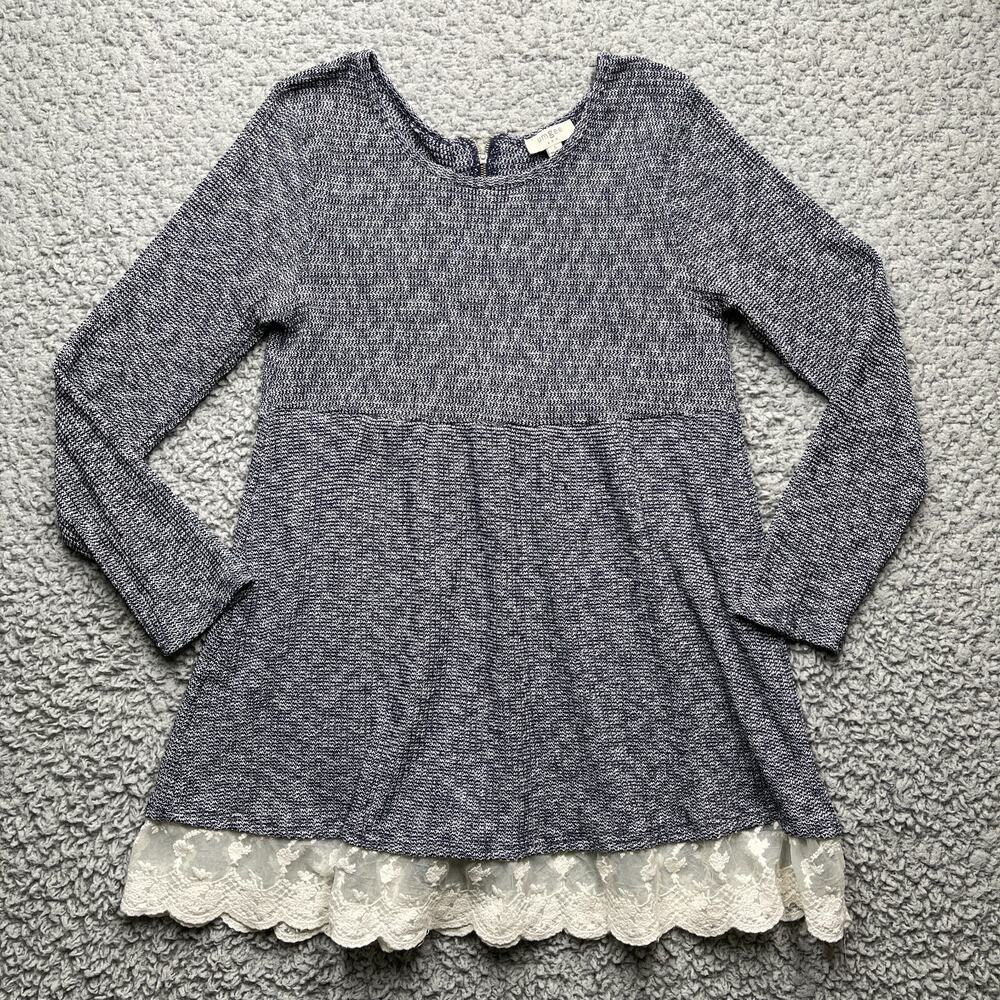 Umgee Knit Mini Dress Womens Small Ivory Lace Trim 3/4 Sleeve Boho Peasant